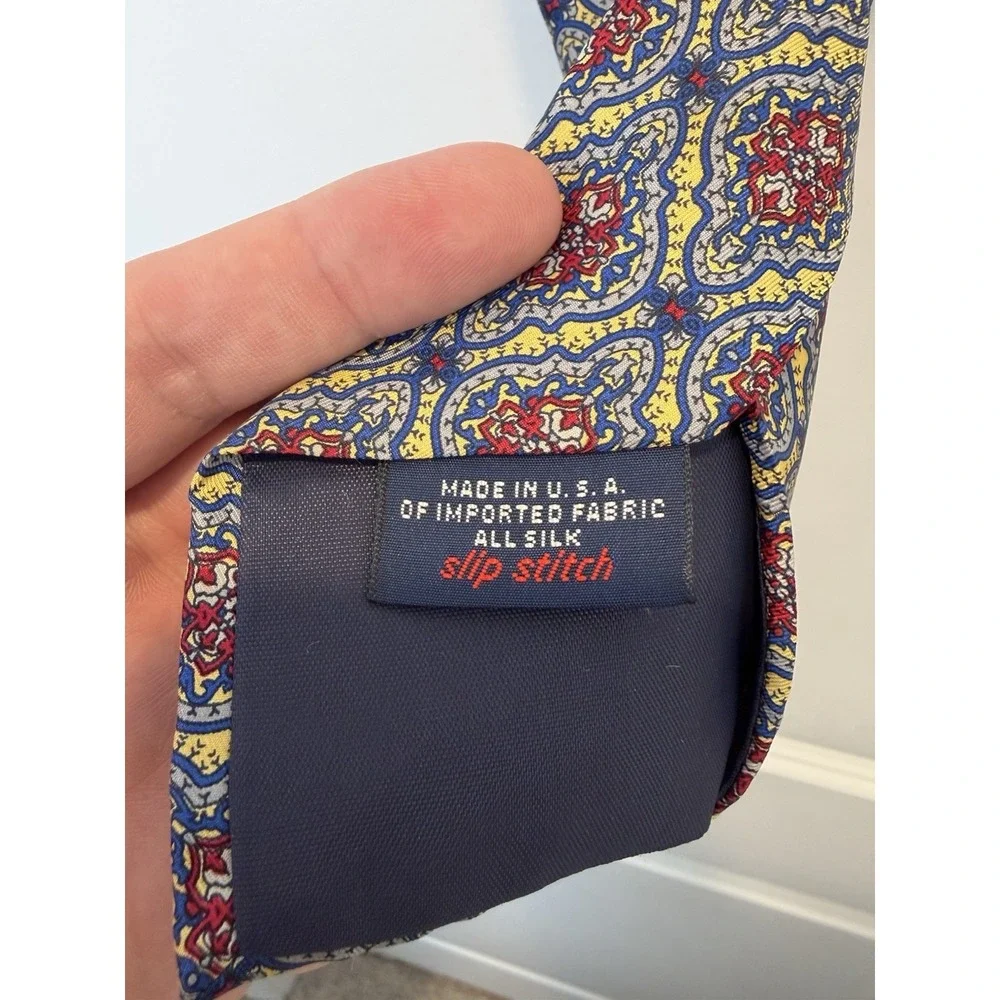 Vintage Damon Mens Tie Gold Red Blue Geometric Neck Tie, Silk